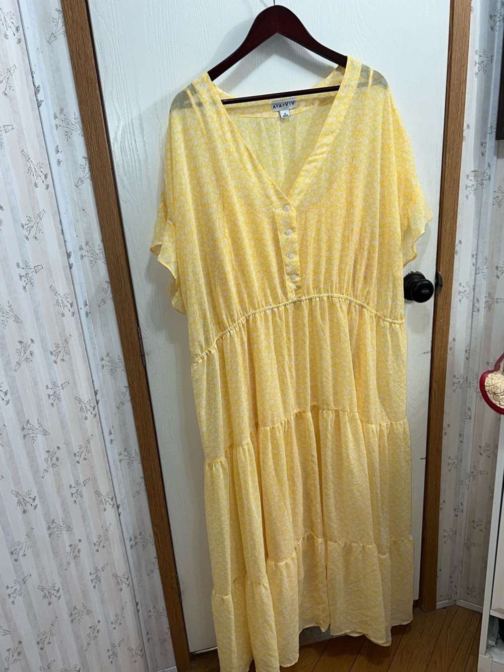 Ava & Viv Light Yellow Button-Front Tiered Maxi Dress